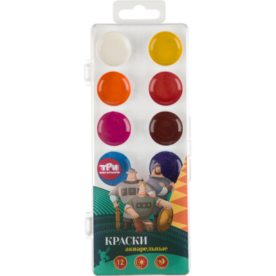 Краски акварельные Комус Три Богатыря набор 12цв,пласт уп б/кисти богатыри