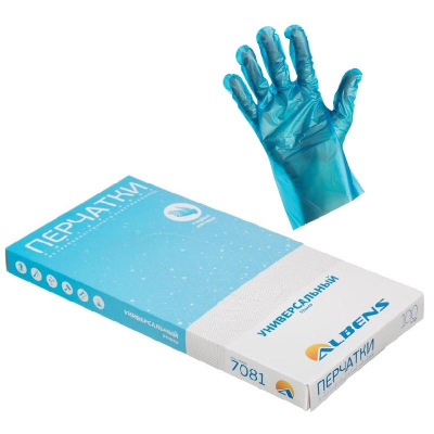 Перчатки одноразовые ТПЭ голубые,Albens (7081) р. универс.100шт/уп,ПС