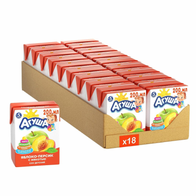 Сок Агуша с мякотью Яблоко Персик, 0,2, 18 шт/уп
