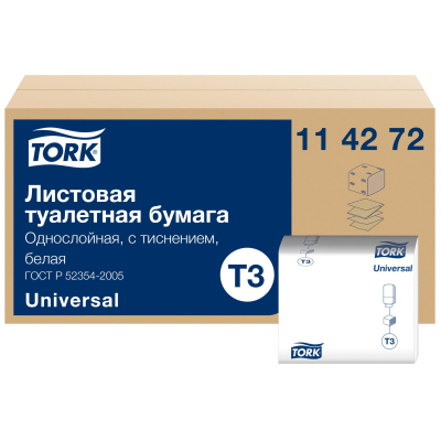 Бумага туалетная листовая д/дисп Tork ТЗ 1сл. 250л 40 пач/уп 114272