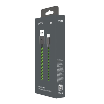 Кабель USB PERO DC-04 Type-C, 3А, 1м, Green-black (Fast Charge)
