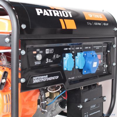 Генератор бензиновый PATRIOT GP 7210LE [474101588] {Двигатель: 4т, OHV, АИ-92, 420 сс, 14 л.с; Мощность ном/макс: 6.0/6.5 кВт; Объём бака: 25 л;Розетки: 2 евро 16А,1 евро 32А;Вес: 86 кг;}