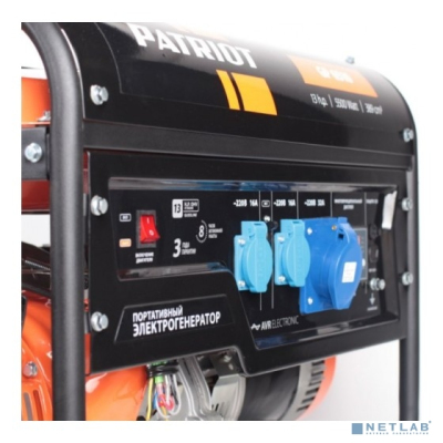 Генератор бензиновый PATRIOT GP 6510 [474101565] {Двигатель: 4т, OHV, АИ-92, 389 сс, 13 л.с; Мощность ном/макс: 5.0/5.5 кВт; Объём бака: 25 л; Розетки: 2 евро 16А,1 евро 32А; Вес: 71 кг;}