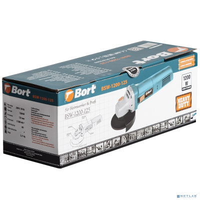 Bort BWS-1200-125 (BSW-1200-125) Машина шлифовальная угловая [91275363] { 1200 Вт, 11500 об/мин, 125 мм, М14, 2,4 кг, набор аксессуаров 4 шт }