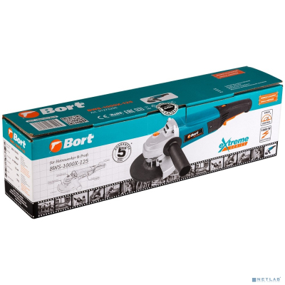 Bort BWS-1000X-125 Машина шлифовальная угловая [91275295] { 1000 Вт, 11000 об/мин, 125 мм, М14, 1,9 кг, набор аксессуаров 4 шт }
