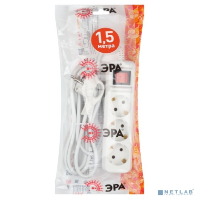 ЭРА Б0057740 Удлинитель электрический UX-3es-1,5m с заземлением с выключателем 3 розетки 1,5 м ПВС 3x0,75мм2 10А