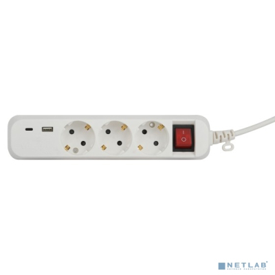 ЭРА Б0052897 Удлинитель электрический UB-3es-1,5m-USB c заземлением с выключателем 3 розетки + 1xUSBA+1xUSBC 1,5м 10А
