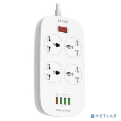 Perfeo LD_B4435 LDNIO SC4407Q/ Сетевой фильтр 2м/ 4 розетки EU_UK_US/ 2500W/ 4 USB+QC 3.0/ Выкл. на розетки/ White