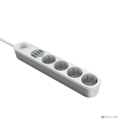 Perfeo LD_B4438 LDNIO SE4432/ Сетевой удлинитель 2м + ЗУ на 4 USB/ 4 розетки (медь) - 2500W/ USB - 17W/ White&Gray