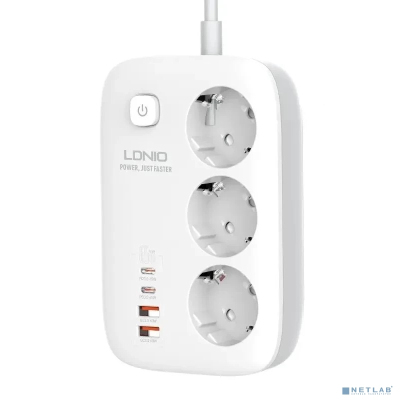 LDNIO SE3436/ Сетевой удлинитель 2м/ 3 розетки/ 3250W/ 4 USB: QC 4.0+PD 3.0+PPS/ GAN 65W/ White