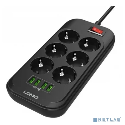 Perfeo LD_B4436 LDNIO SE6403/ Сетевой удлинитель 2м + ЗУ на 4 USB/ 6 розеток (медь) - 2500W/ USB - 17W/ Black&Gray