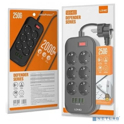 Perfeo LD_B4436 LDNIO SE6403/ Сетевой удлинитель 2м + ЗУ на 4 USB/ 6 розеток (медь) - 2500W/ USB - 17W/ Black&Gray