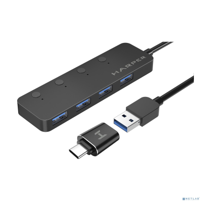 HARPER HUB-04MB Black USB-концентратор, Интерфейс: 4 х USB 3.2, 1 х Micro USB Переходник: USB 3.0 / Type-C, Скорость передачи данных: до 5 Гб/с, Материал корпуса: Алюминий, Индикатор работы устройств