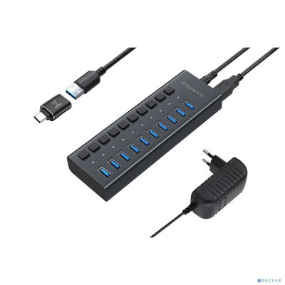 HARPER HUB-10MB Black USB-концентратор, Интерфейс: 10 х USB 3.2, Переходник: USB 3.0 / Type-C, Скорость передачи данных: до 5 Гб/с, Материал корпуса: Алюминий, Индикатор работы устройства: LED, Перехо