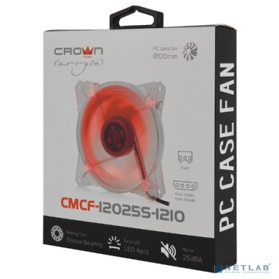 CROWN Вентилятор для компьютерного корпуса CMCF-12025S-1210 (120*120*25мм;Красный 4LED;1500 об/мин;35CFM;20Дб;Подшипник скольжения;3pin+MOLEX(папа-мама) 40+10см)