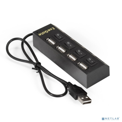 Exegate EX293977RUS USB-Хаб (концентратор) ExeGate DUB-42SW (кабель-адаптер USB2.0 --> 4xUSB2.0, кнопки включения/отключения для каждого порта, Plug&Play, черный)