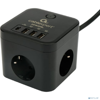 Cablexpert Сетевой фильтр Cube CUBE-3-CU3-B-1.5 (3р, 10А, 1xType-C PD, 3xUSB, 1.5м, ур.защиты 4+) черный, коробка
