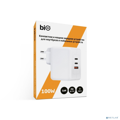 Bion Сетевое Зарядное Устройство, GaN, USB-A + 2*USB-C, PowerDelivery, 100 Вт, белый [BXP-GAN-PD-A2C-100W]