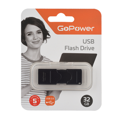 Флеш-накопитель GoPower SLIDER 32GB USB2.0 пластик черный матовый (1/50/1000)