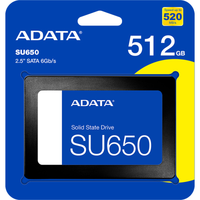 Твердотельный накопитель/ ADATA SSD Ultimate SU650, 512GB (RTS5735 + N48 / Realtek + Micron Nand Flash), 2.5" 7mm, SATA3, 3D TLC, R/W 520/450MB/s, IOPs 40 000/75 000, TBW 280, DWPD 0.5 (3 года) Bulk