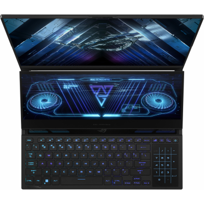 Ноутбук/ ASUS ROG Zephyrus Duo 16 GX650PY-NM085W 16"(2560x1600 mini LED)/AMD Ryzen 9 7945HX(2.5Ghz)/32768Mb/2TbPCISSDGb/noDVD/Ext:nVidia GeForce RTX4090(16384Mb)/Cam/BT/WiFi/90WHr/war 1y/2.67kg/Black/Win11Home + NumberPad; доп экран ScreenPad Plus 14"(384