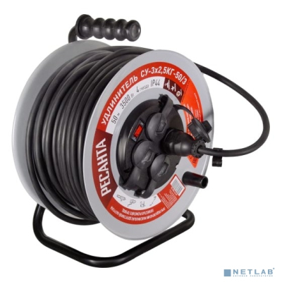 Удлинитель силовой Ресанта СУ-3х2,5КГ-50/3, розеток 4шт, 3x2.5 кв.мм, 50м, ПВС, катушка металлическая, красный [61/118/10]