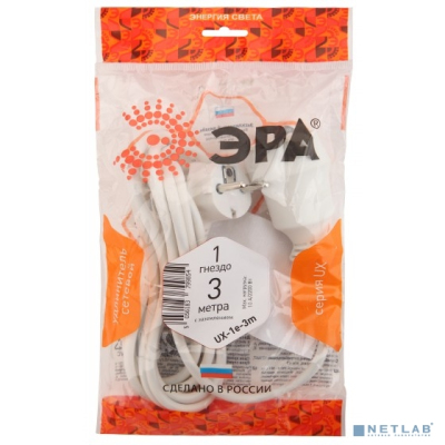 ЭРА Б0039817 Удлинитель электрический ЭРА UX-1е-3m с заземлением 1 розетка 3м ПВС 3x0,75мм2 10А