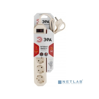 Эра Б0019035 Сетевой фильтр USF-5es-3m-I (бежевый) с заземл, 3x0,75мм2, с выкл, 5гн, 3м {защита от короткого замыкания, от перегрузки, от импульсных помех}