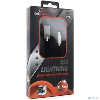 Кабель интерфейсный USB 2.0 Cablexpert CC-P-APUSB02Bk-0.5M MFI, AM/Lightning, серия Platinum, длина 0.5м, черный, блистер