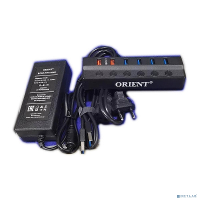 ORIENT BC-306PSQC, USB 3.2 Gen1 (USB 3.0) HUB 4 порта + 2 порта Quick Charge 3.0 для быстрой зарядки, выключатели на каждый порт, внешний блок питания 12В/3А, USB Type-A, черный (33211)