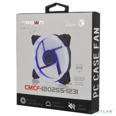CROWN Вентилятор для компьютерного корпуса CMCF-12025S-1231 (120*120*25мм;Синее LED кольцо;1500 об/мин;35CFM;20Дб;Подшипник скольжения;3pin+MOLEX(папа-мама) 40+10см)