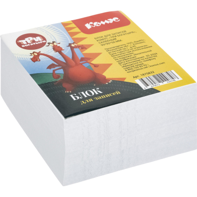 Блок для записей Комус Три богатыря 90x90x50 мм, белый с рисунком, склейка