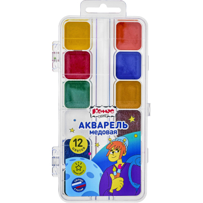 Краски акварельные Комус Класс Максики 12цв/наб,медов,квадр.кюветы,пл.пенал
