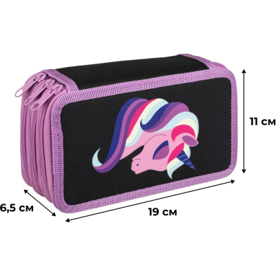Пенал Комус Класс Единорог, черный ПКТ 12-20, ткань, 3 отд., 190х110 мм