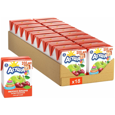 Сок Агуша Яблоко-вишня, осв. 0.2л, 18 шт/уп