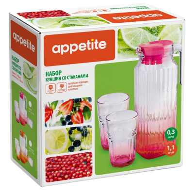 Набор питьевой стекл. кувшин и 4 стакана фуксия TM Appetite