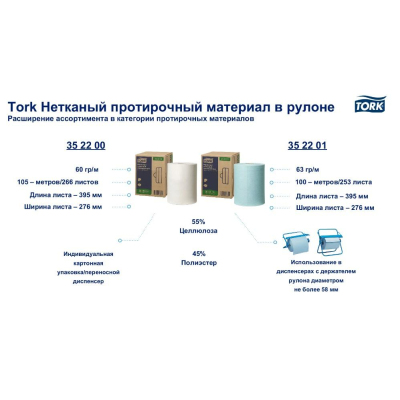 Материал протирочный нетканый Tork Advanced 1-сл белый 266лx1рул/кор 352200