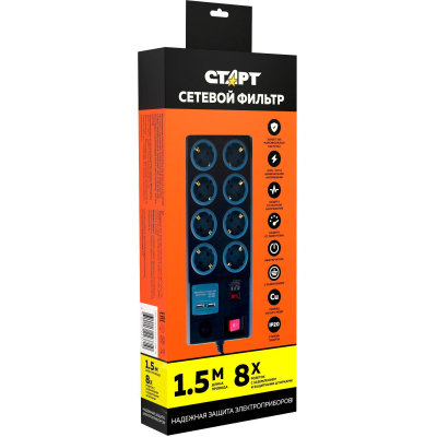 Сетевой фильтр СТАРТ С/УД-Ф SP 8x1 ZDVT 2USB(8р/1.5и/2xUSB)