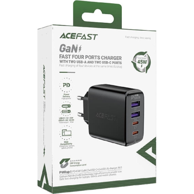 Зарядное устройство ACEFAST A61 PD45W GaN (2xUSB-C+2xUSB-A),сетевое,черный
