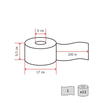 Бумага туалетная в рулонах 1-слойная 12 рулонов по 200 метров (артикул производителя T-200W1)