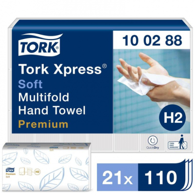 Полотенца бумажные листовые Tork Premium H2 М-сложения 2-слойные 21 пачка по 110 листов (артикул производителя 100288)