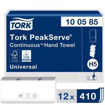 Полотенца бумажные листовые Tork PeakServe Н5 Universal Z-сложения 1-слойные 12 пачек по 410 листов (артикул производителя 100585)